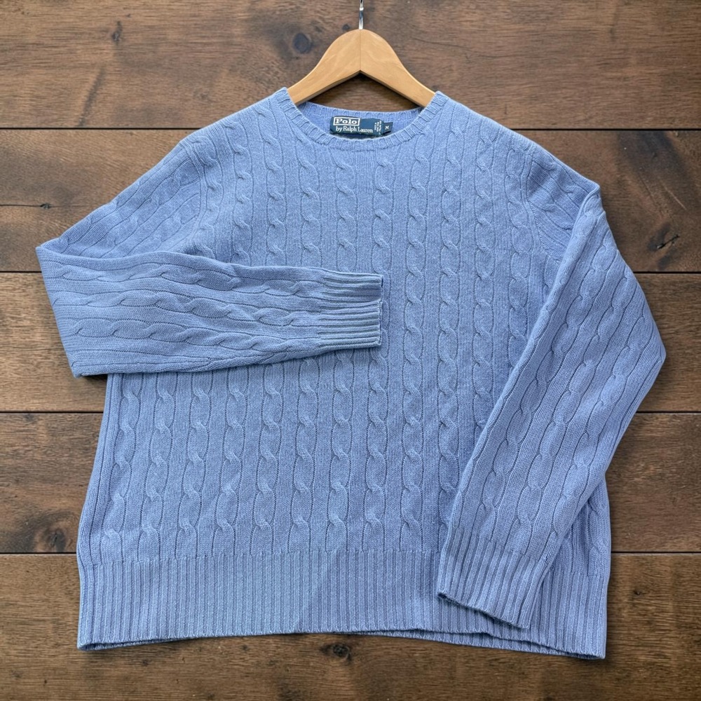 Polo Ralph Lauren Mens M 100% Italian Cashmere Cable Knit Crewneck Sweater Blue